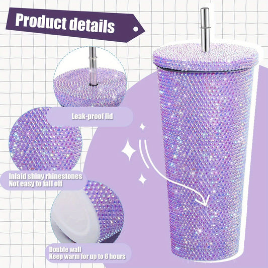 Diamond Insulated Cup Double-Layer Stainless Steel Cup With Straw Stick-On Crystals Rhinestone Coffee Cup Gift Cup Rhinestone-Encrusted 2