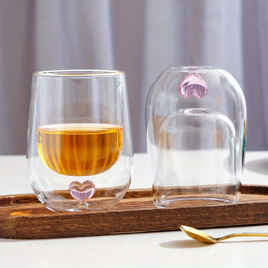 1/2pcs 250Ml/8.5Oz Cute Double Wall Glass Coffee Mugs With 3D Heart Inner 2