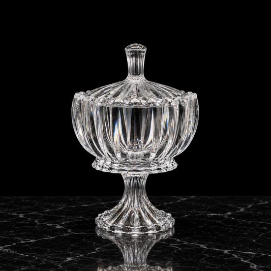 B-182 crystal pedestal candy bowl on black marble