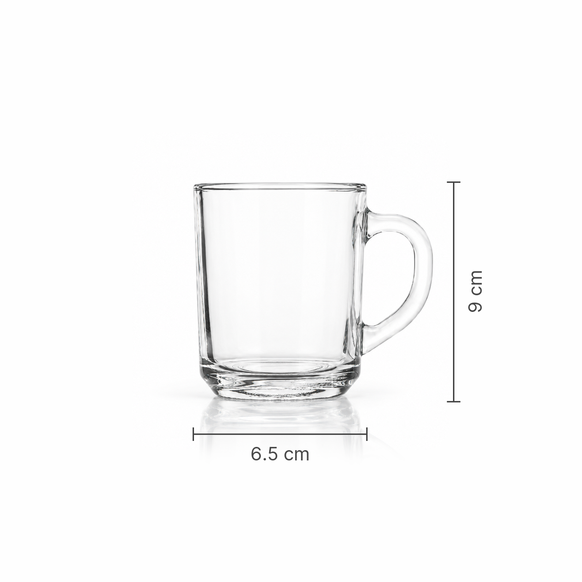Glass mug dimensions 6.5 cm wide, 9 cm tall