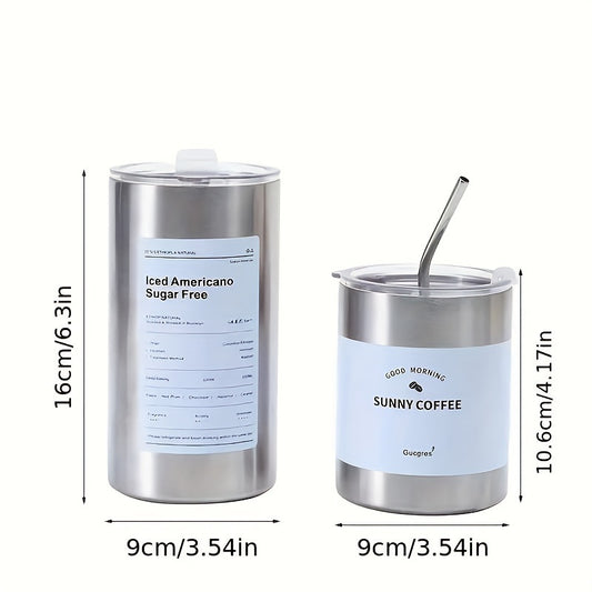 1pc Stainless Steel Insulated Coffee Mug With Lid & Straw - 11.8oz/20.3oz Double-Walled Vacuum Insulation For Hot & Cold Drinks - Modern Design 2