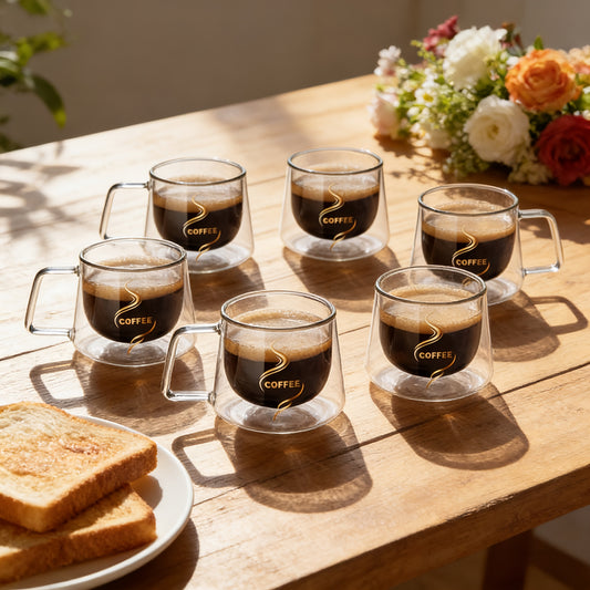 6pcs Set Double-Wall Glass Coffee Cups With Handles - Transparent Coffee Cups - Double-Wall Drinkware - For Tea 2