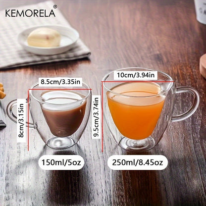 150ml/250ml Double Wall Heart Shaped Glass Coffee Mugs 5/8.5oz 6