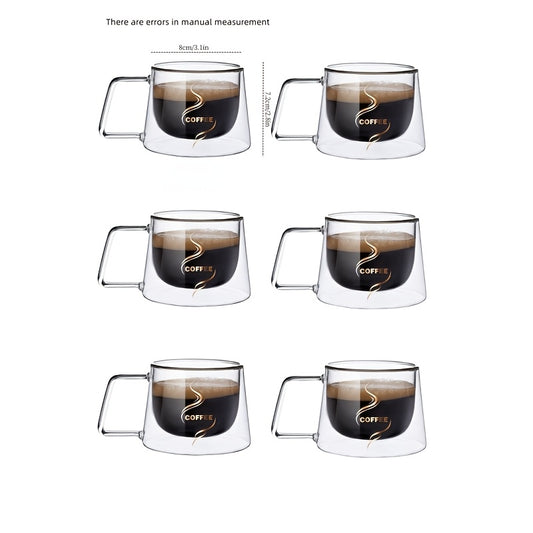 6pcs Set Double-Wall Glass Coffee Cups With Handles - Transparent Coffee Cups - Double-Wall Drinkware - For Tea