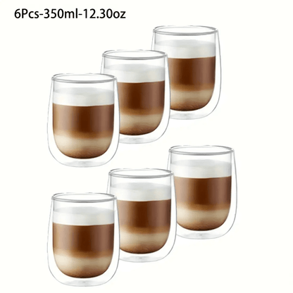 6 Pack - 350ml Double Layer Glass Coffee Cup