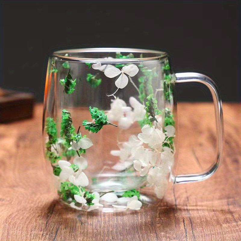 1 Double-Walled Glass Coffee Mug With Real Flower Design - Durable 3