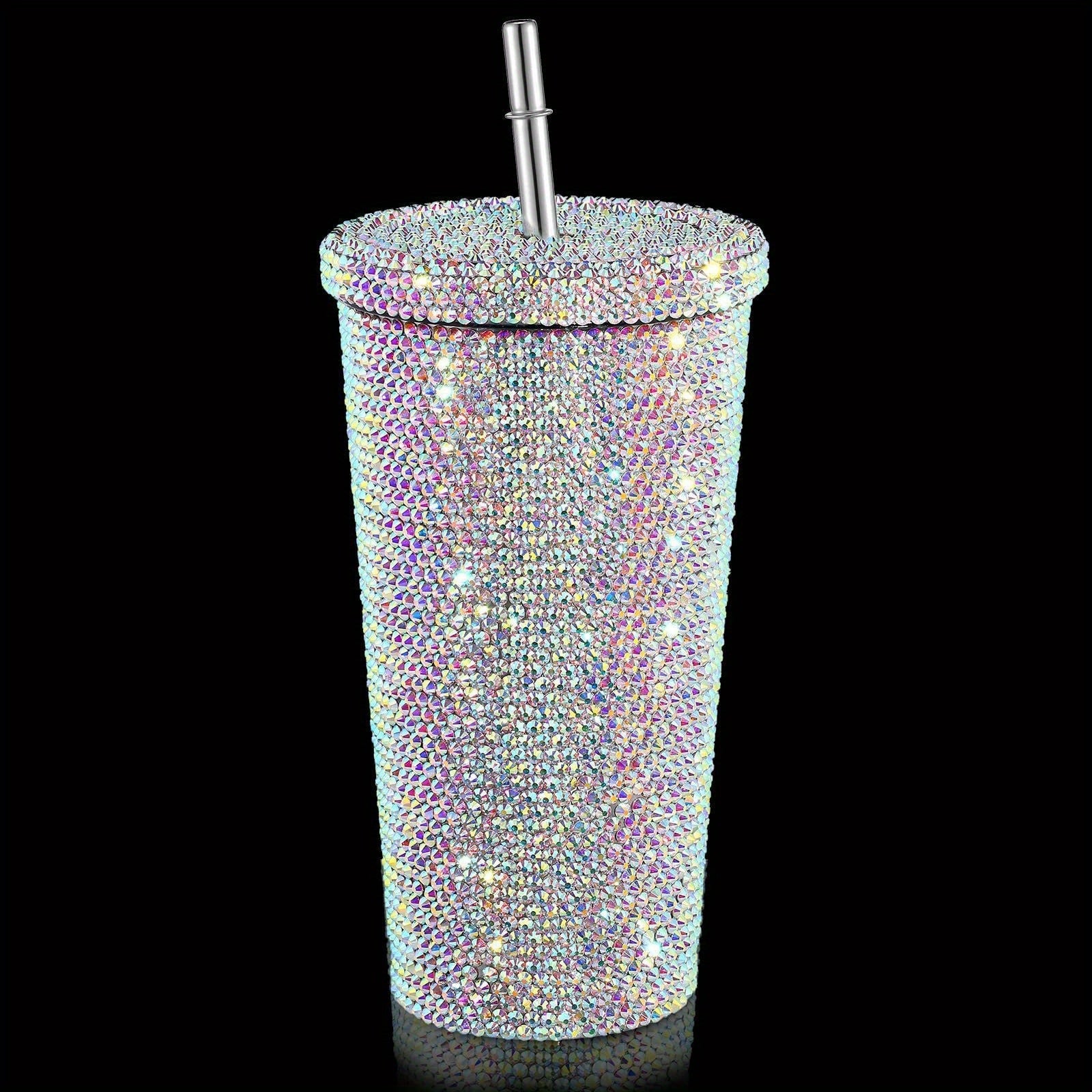 Diamond Insulated Cup Double-Layer Stainless Steel Cup With Straw Stick-On Crystals Rhinestone Coffee Cup Gift Cup Rhinestone-Encrusted