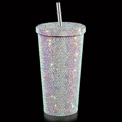 Diamond Insulated Cup Double-Layer Stainless Steel Cup With Straw Stick-On Crystals Rhinestone Coffee Cup Gift Cup Rhinestone-Encrusted