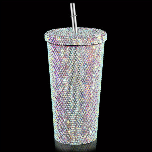 Diamond Insulated Cup Double-Layer Stainless Steel Cup With Straw Stick-On Crystals Rhinestone Coffee Cup Gift Cup Rhinestone-Encrusted