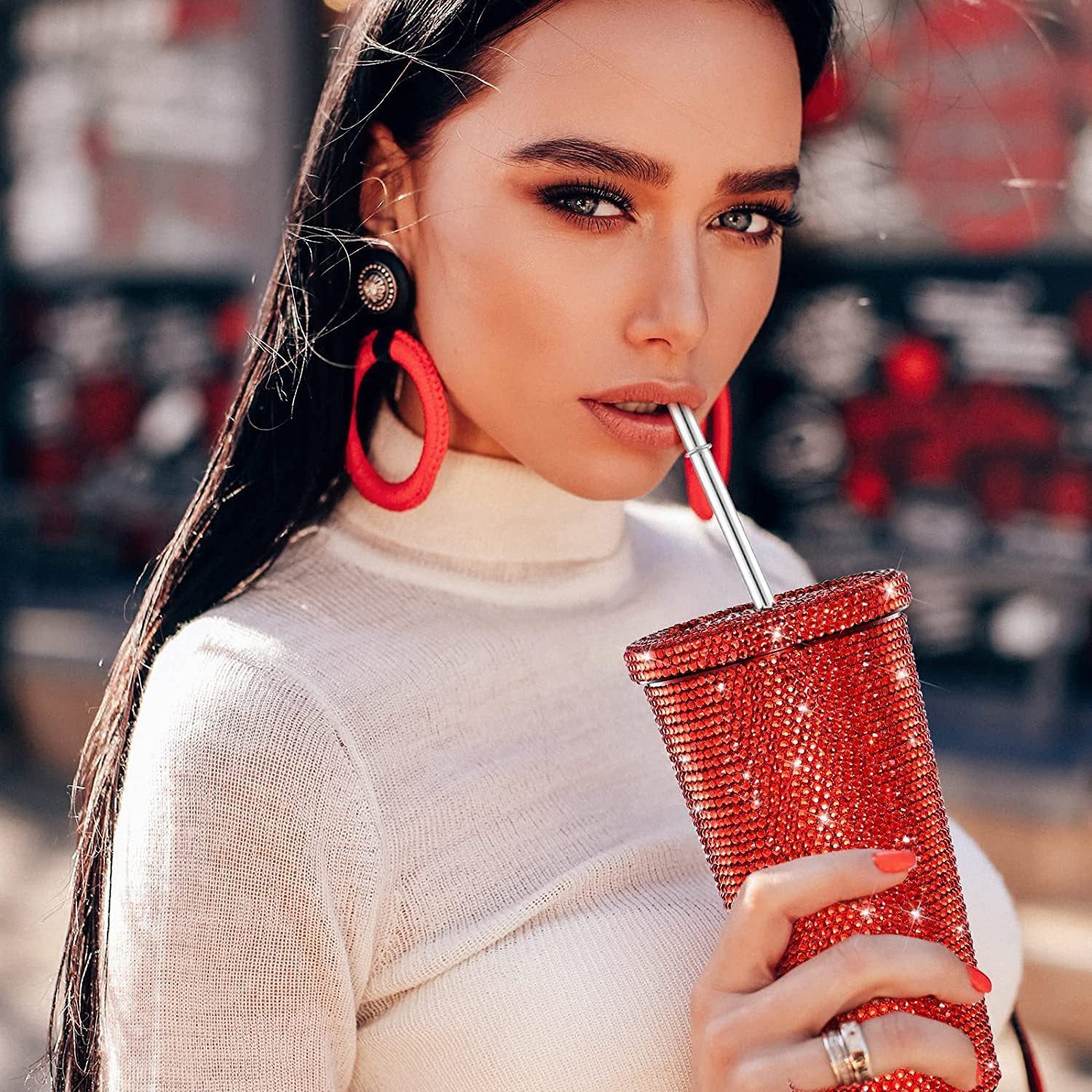 Diamond Insulated Cup Double-Layer Stainless Steel Cup With Straw Stick-On Crystals Rhinestone Coffee Cup Gift Cup Rhinestone-Encrusted 3