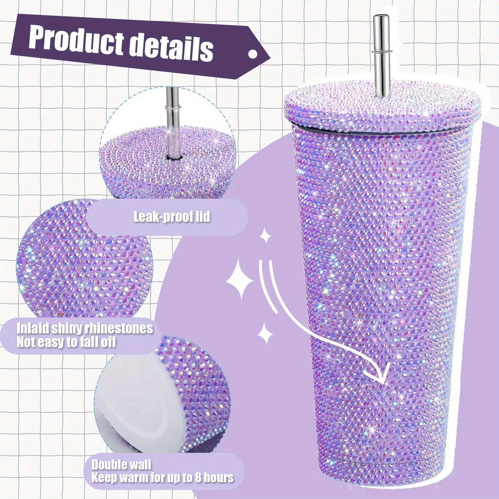 Diamond Insulated Cup Double-Layer Stainless Steel Cup With Straw Stick-On Crystals Rhinestone Coffee Cup Gift Cup Rhinestone-Encrusted 2