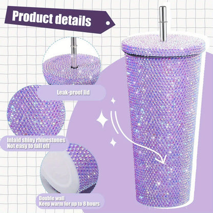 Diamond Insulated Cup Double-Layer Stainless Steel Cup With Straw Stick-On Crystals Rhinestone Coffee Cup Gift Cup Rhinestone-Encrusted 2