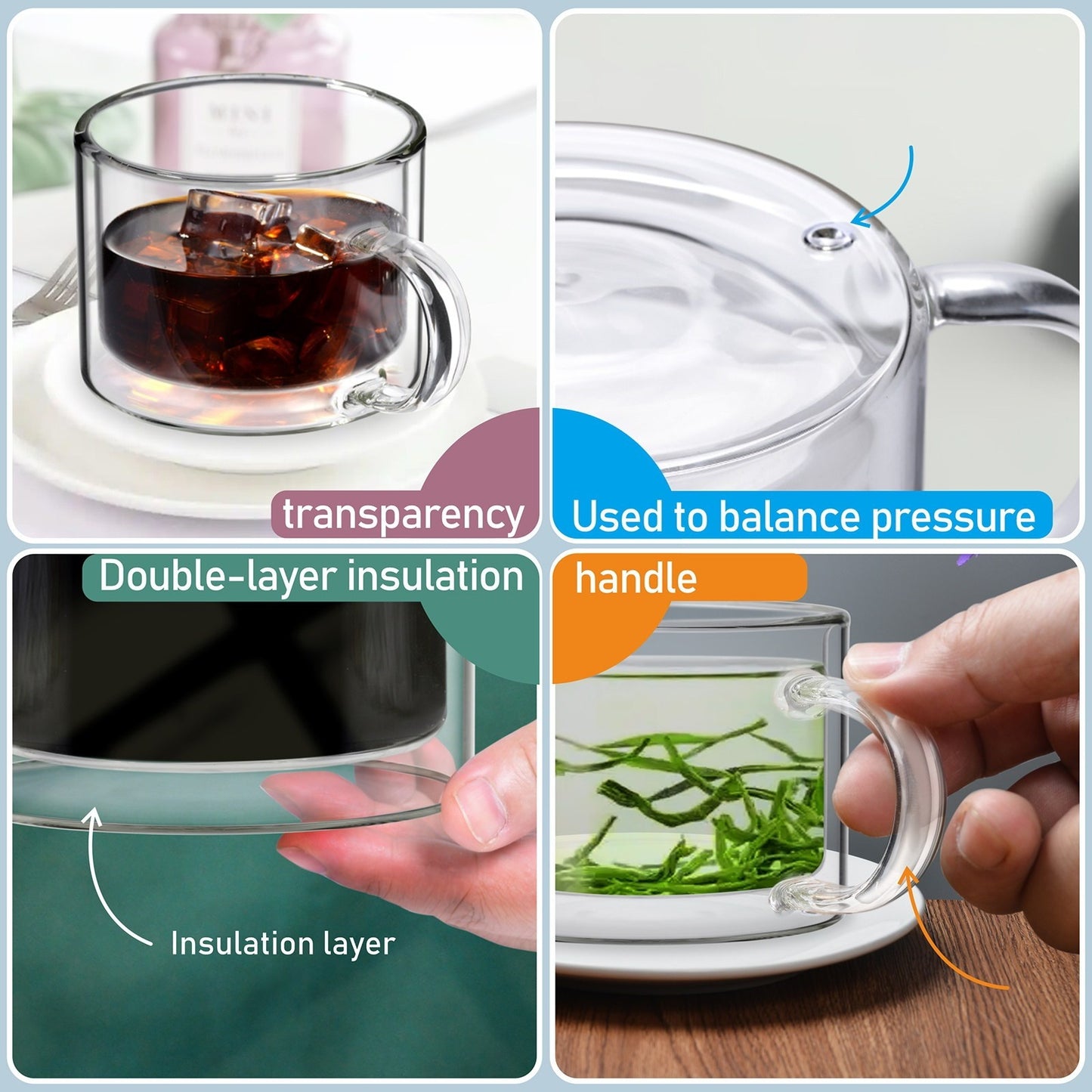 1/2/4pcs 400ml Double-layered Glass Cup With Handle 5
