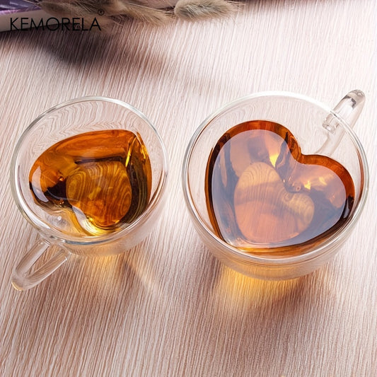 150ml/250ml Double Wall Heart Shaped Glass Coffee Mugs 5/8.5oz