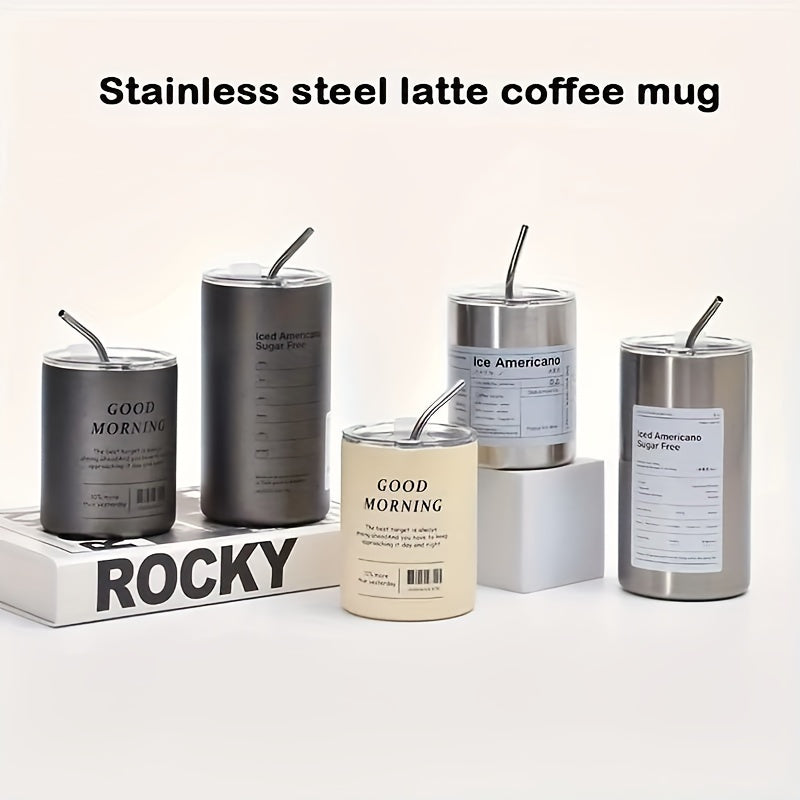 1pc Stainless Steel Insulated Coffee Mug With Lid & Straw - 11.8oz/20.3oz Double-Walled Vacuum Insulation For Hot & Cold Drinks - Modern Design