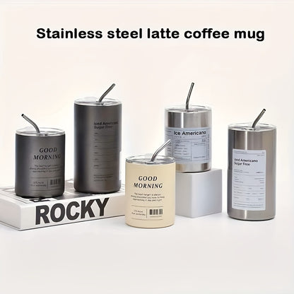 1pc Stainless Steel Insulated Coffee Mug With Lid & Straw - 11.8oz/20.3oz Double-Walled Vacuum Insulation For Hot & Cold Drinks - Modern Design