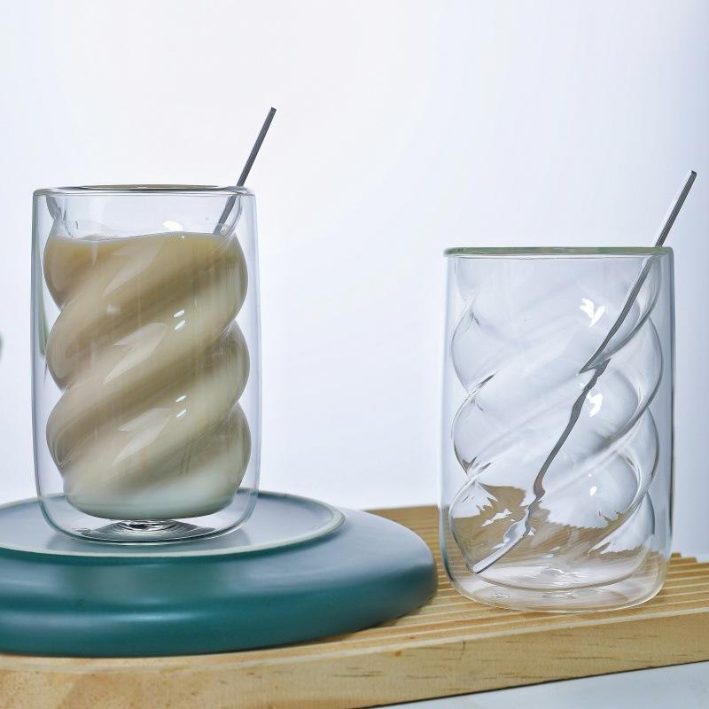 Double Wall Spiral Glass Cup High Borosilicate Glass Heat Resistant Cold Resistant Insulated Clear Glass Mug For Coffee Tea Water Home Office Use