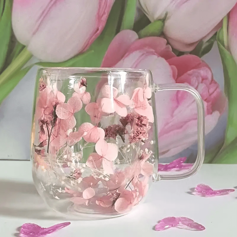 1pc Double-Wall Glass Coffee Cup With Built-In Real Flower Design - Elegant Glass Mug For Coffee