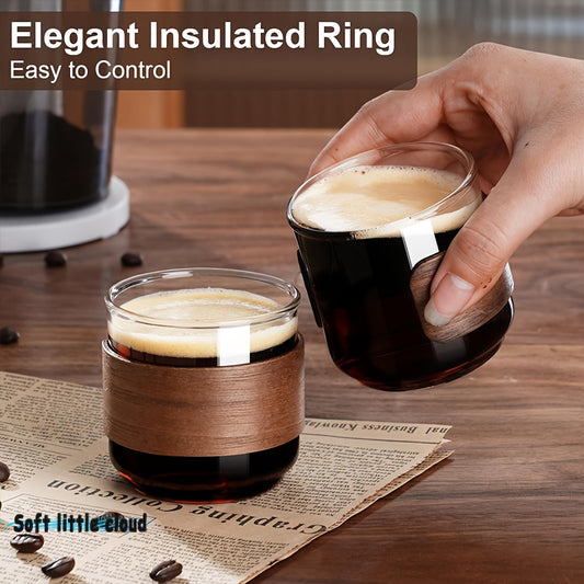Set Of 2 Glass Coffee Cups With Wooden Heat-Insulating Rings