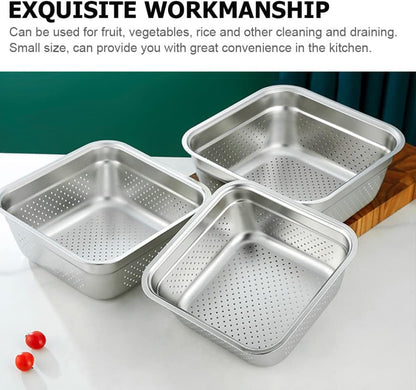 Stainless Steel Square Fruit Vegetable Washing and Spaghetti Filter Set of 3, 24cm, 28cm, 32cm