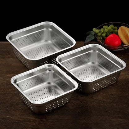 Stainless Steel Square Fruit Vegetable Washing and Spaghetti Filter Set of 3, 24cm, 28cm, 32cm