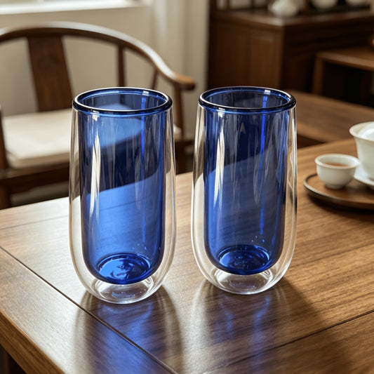 2pcs Double-Layer Glass Cups With Dark Blue Interior 2