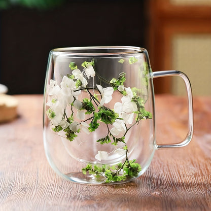 1 Double-Walled Glass Coffee Mug With Real Flower Design - Durable