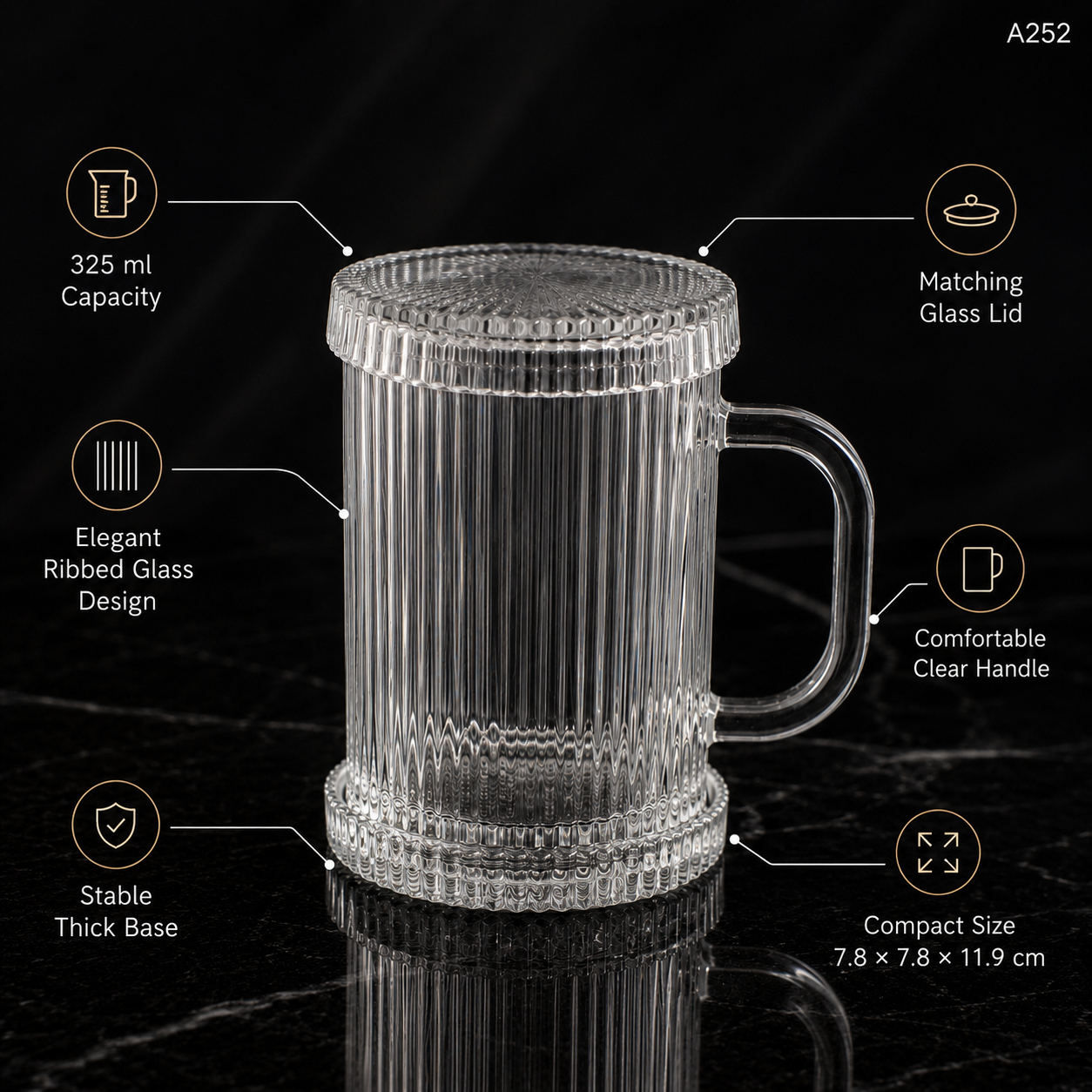 A252 elegant coffee cup with glass lid features