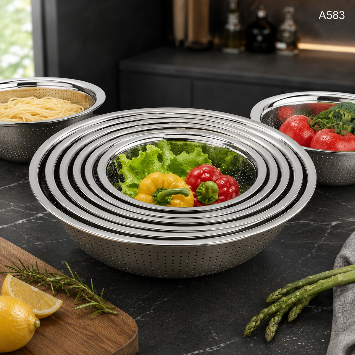 A583 kitchen lifestyle image with vegetables and pasta