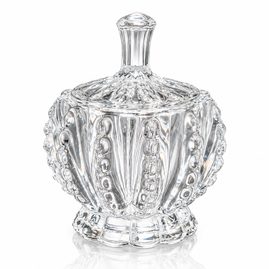 Hobnail glass candy jar with lid on white