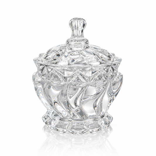 Swirl glass sugar jar with lid on white