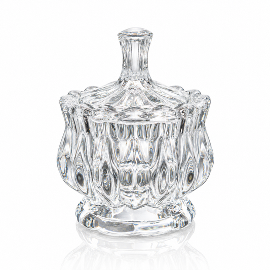 Crystal candy bowl with lid on pedestal on white