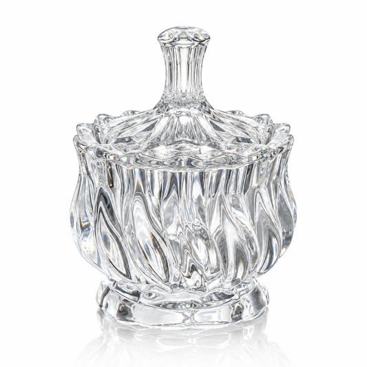 Block cut crystal candy bowl with lid on pedestal on white