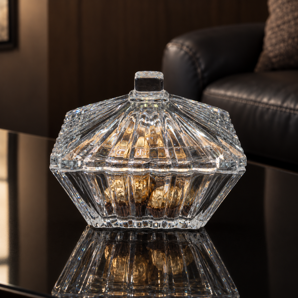 B-113 crystal candy box with chocolates in a living room setting