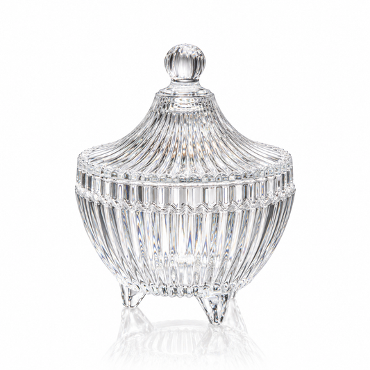Fluted glass candy jar on three feet