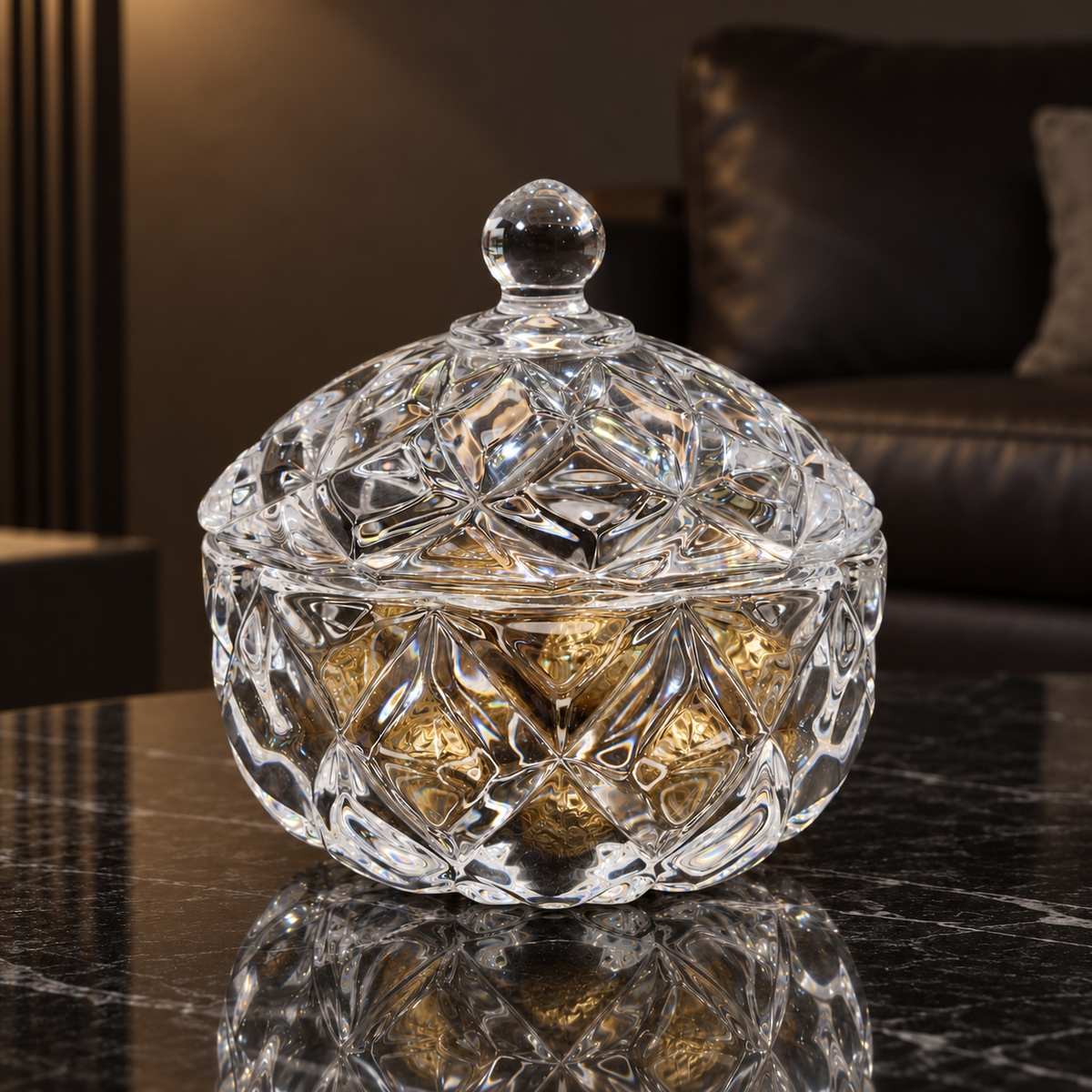 B-118 crystal candy bowl with chocolates in a living room setting