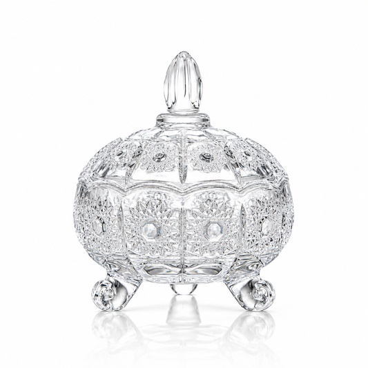 Crystal sunburst candy jar on three feet