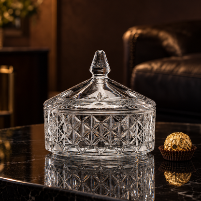Crystal round candy box with lid in a living room