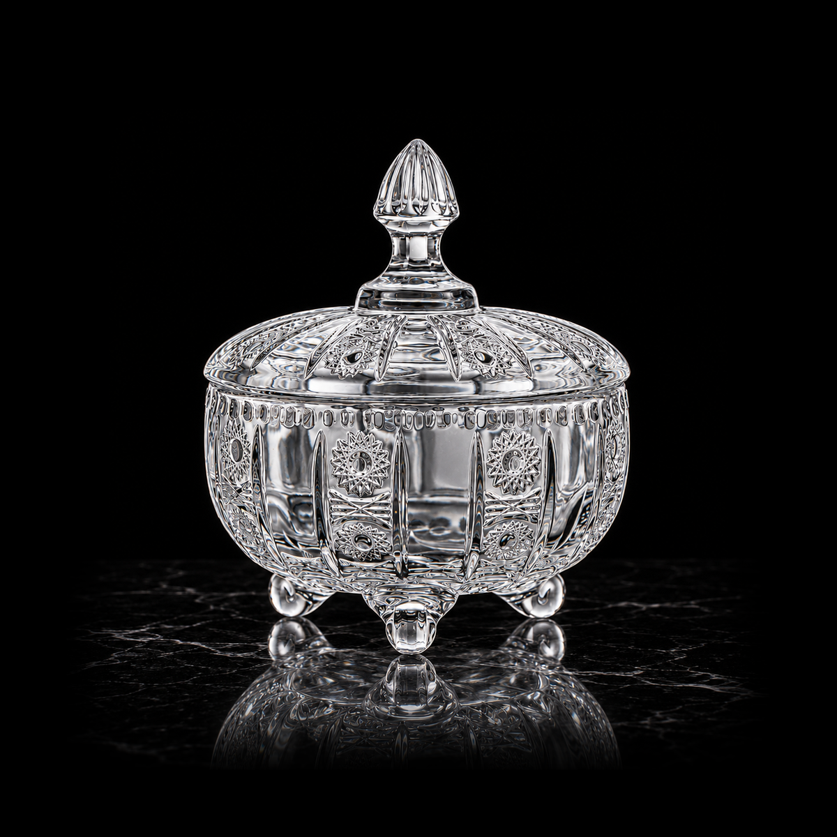 B-132 crystal candy bowl on black marble