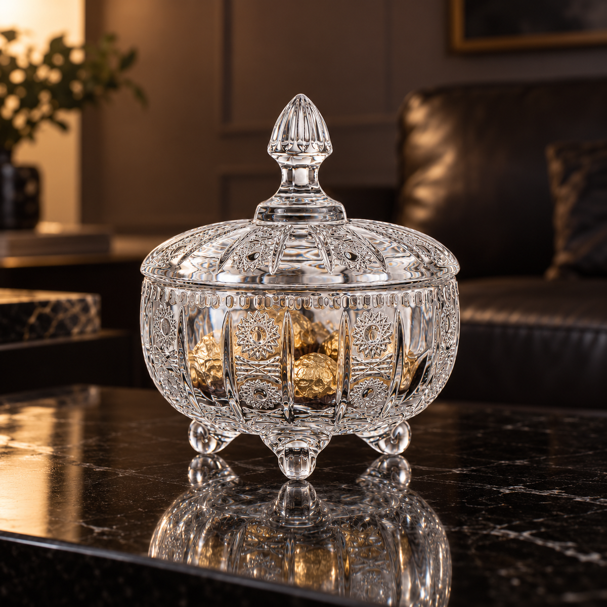 B-132 candy bowl with gold-wrapped chocolates in a living room