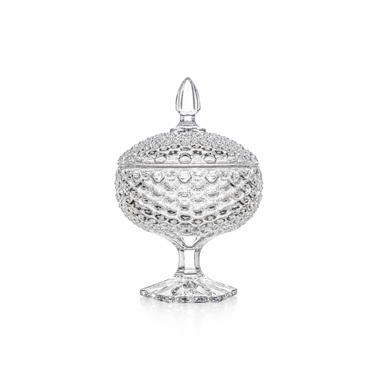 Scale cut crystal candy bowl with lid on pedestal on white