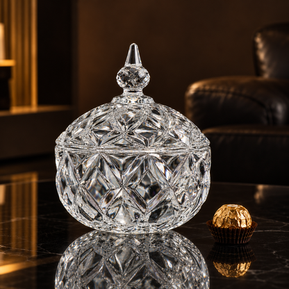 Crystal star-cut candy jar with lid in a living room