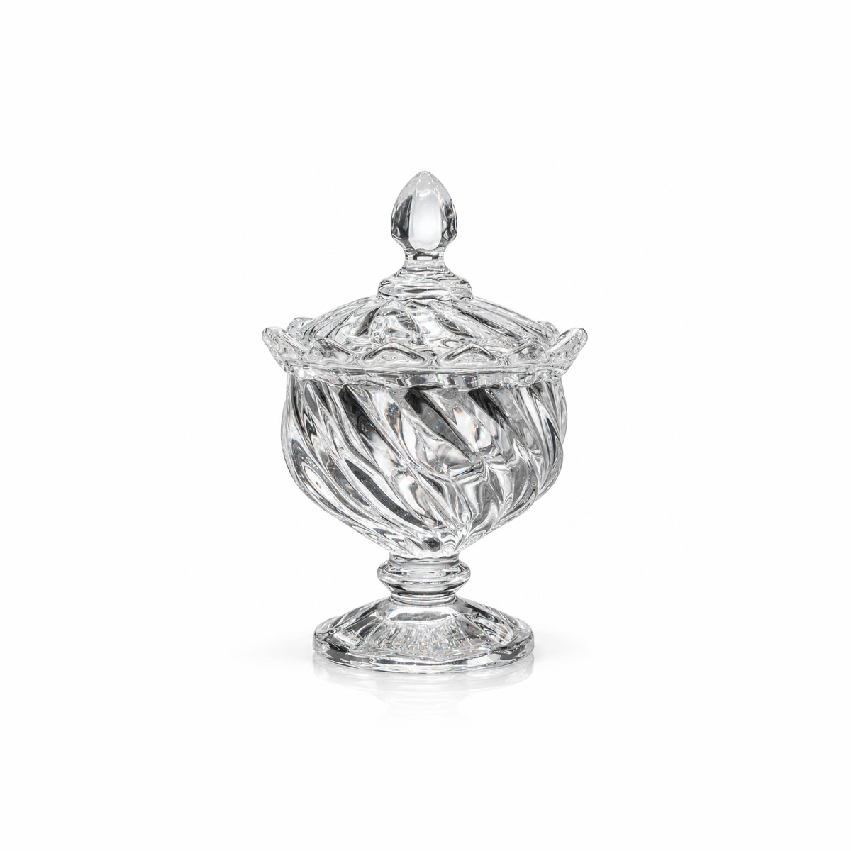 Swirl glass sugar bowl with lid on pedestal on white