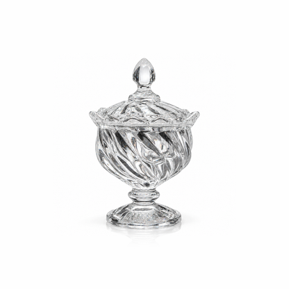 Swirl glass sugar bowl with lid on pedestal on white