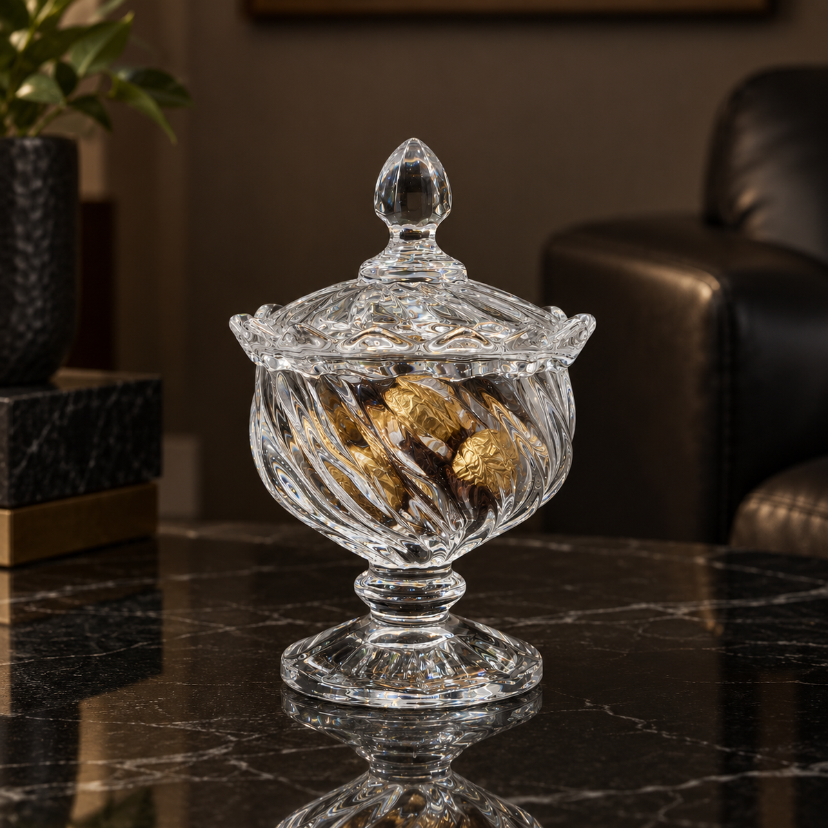 Swirl glass sugar bowl with chocolates in a living room