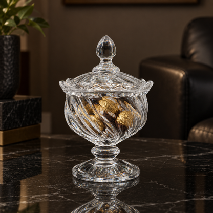 Swirl glass sugar bowl with chocolates in a living room