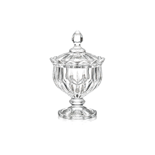 Fluted glass sugar bowl with lid on pedestal on white