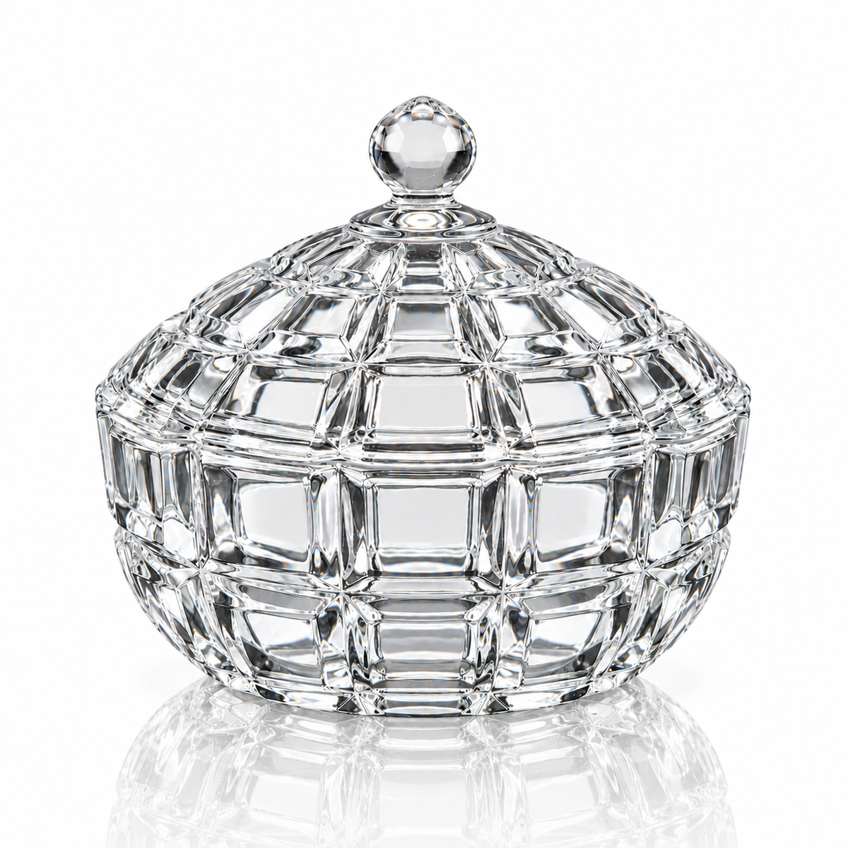 Block cut glass candy bowl with lid on white