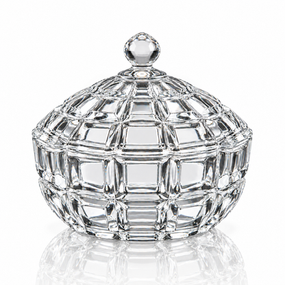 Block cut glass candy bowl with lid on white