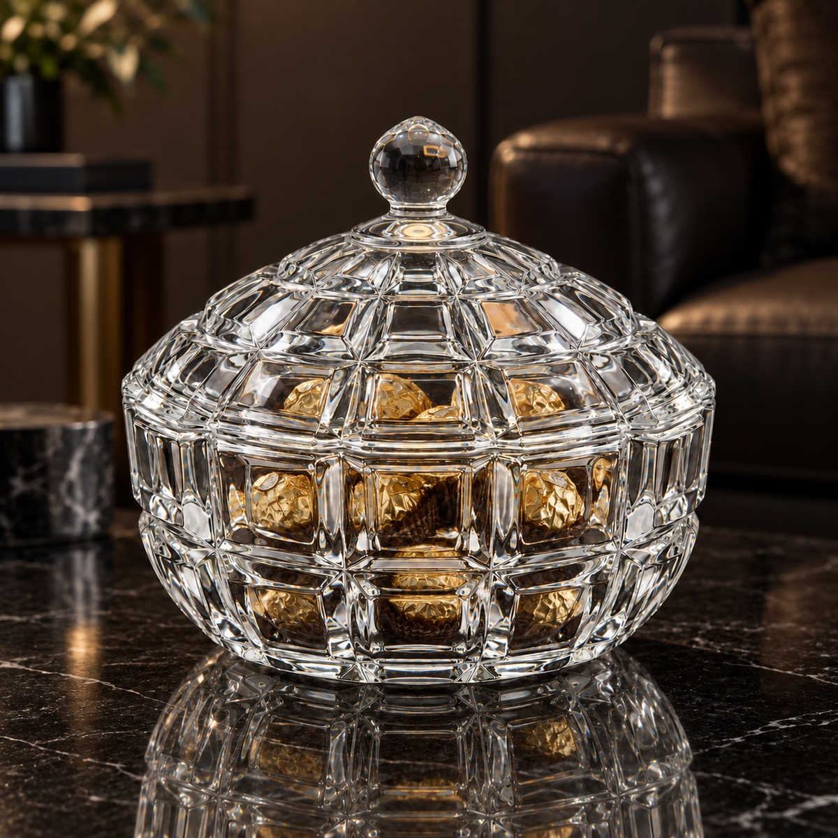 Block cut glass candy bowl with chocolates in a living room